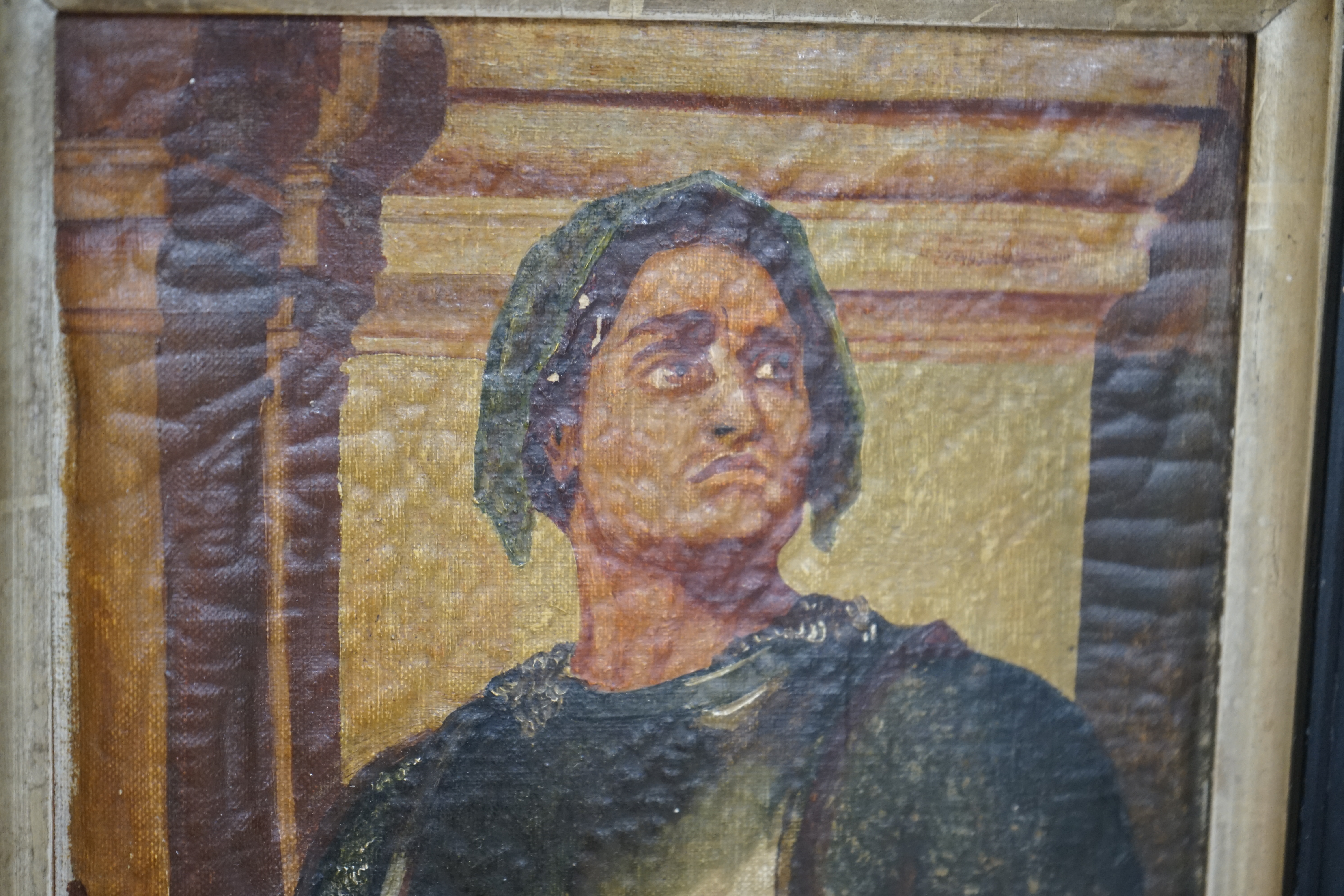 After Frederic Leighton (1830-1896), oil on canvas laid on board, Study of an Italian soldier, 28 x 16cm. Condition - poor